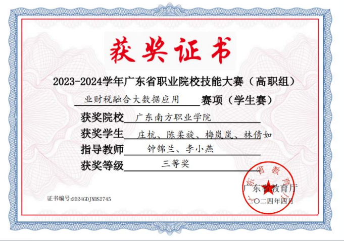 省级：智能财税三等奖1