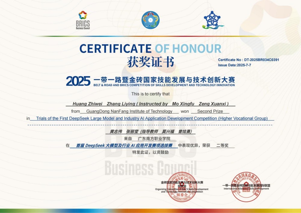 金砖技能大赛二等奖