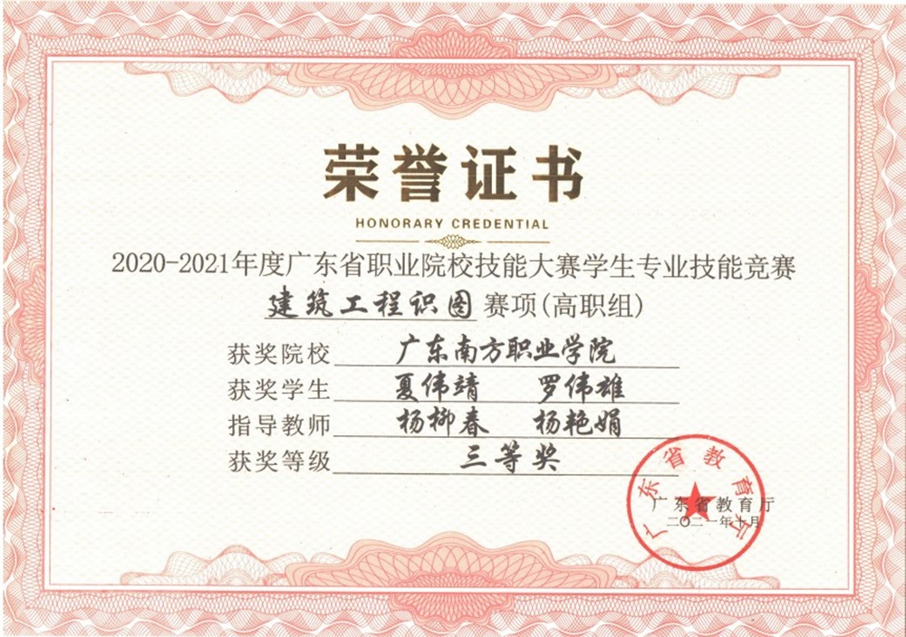 省级：2020-2021年度职业院校技能大赛学生专业技能竞赛 建筑工程识图赛项 （高职组）三等奖（1）