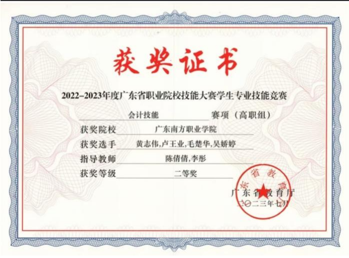 省级：会计技能二等奖3