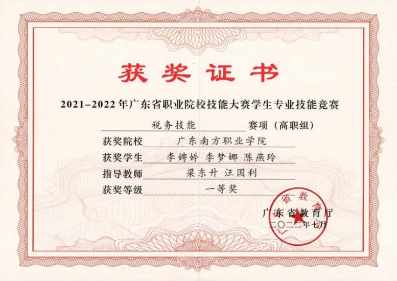 省级：税务技能一等奖2