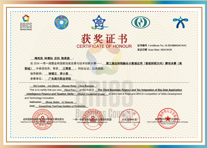 国家级：业财税融合大数据应用三等奖