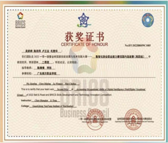 国家级：智数智化财会职业能力二等奖