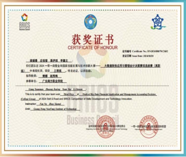 国家级：大数据财务应用及管理会计三等奖