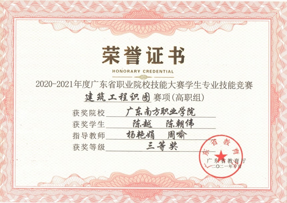 省级：2020-2021年度职业院校技能大赛学生专业技能竞赛 建筑工程识图赛项 （高职组）三等奖（2）