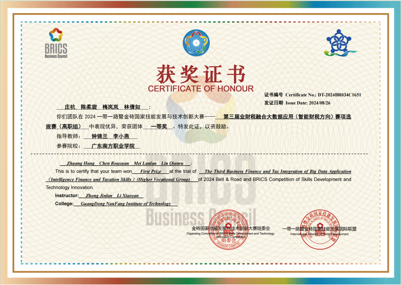 国家级：业财税融合大数据应用一等奖