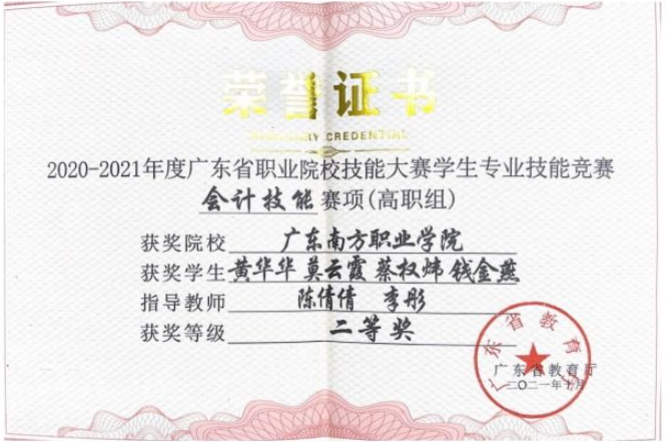 省级：会计技能二等奖