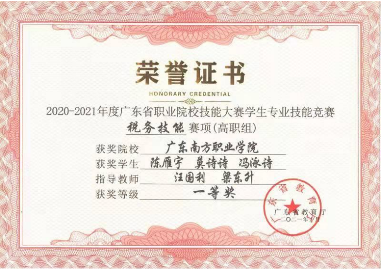 省级：税务技能一等奖