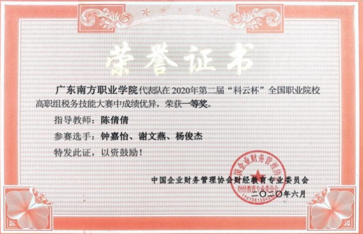 国家级：税务技能大赛一等奖
