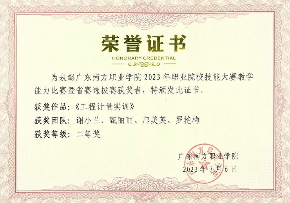 校级：2023年职业院校技能大赛教学能比赛暨省赛选拔 二等奖