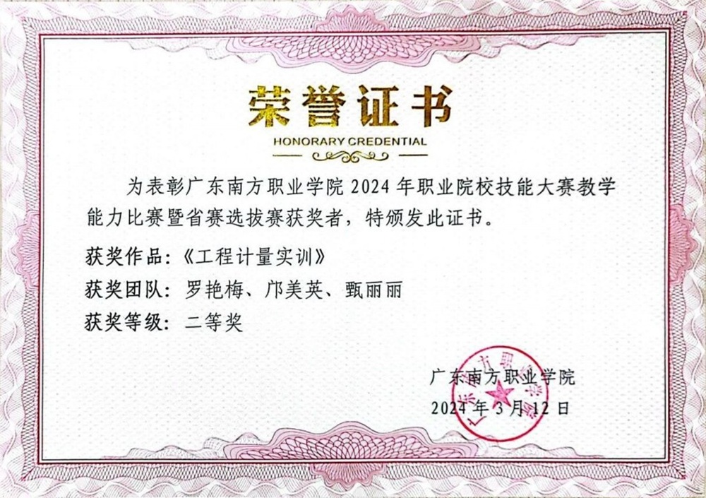 校级：2024年职业院校技能大赛教学能比赛暨省赛选拔 二等奖
