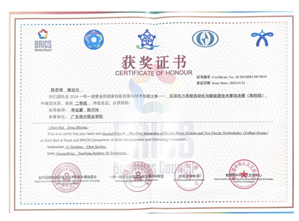 金砖国家技能大赛二等奖