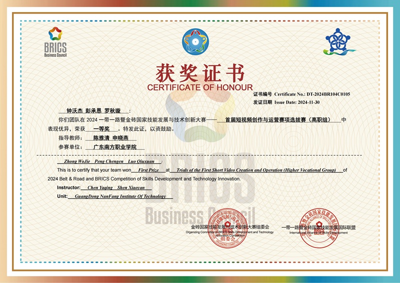 一带一路暨金砖国家技能发展与技术创新大赛-首届短视频创作与运营赛项选拔赛（高职组）一等奖
