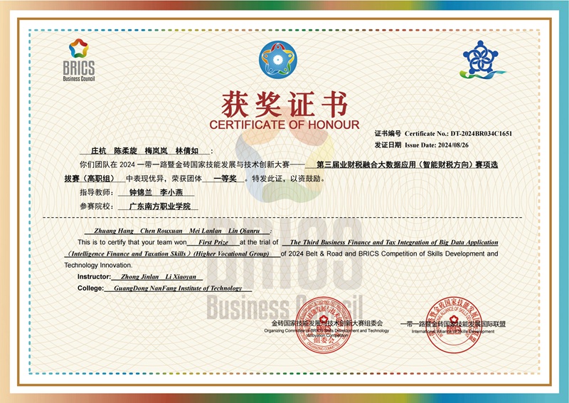 一带一路暨金砖大赛之第三届业财税融合大数据赛项选拔赛一等奖