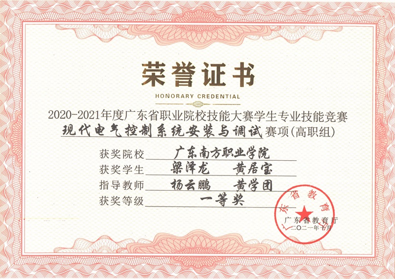 广东省学生技能竞赛现代电气控制系统安装与调试一等奖