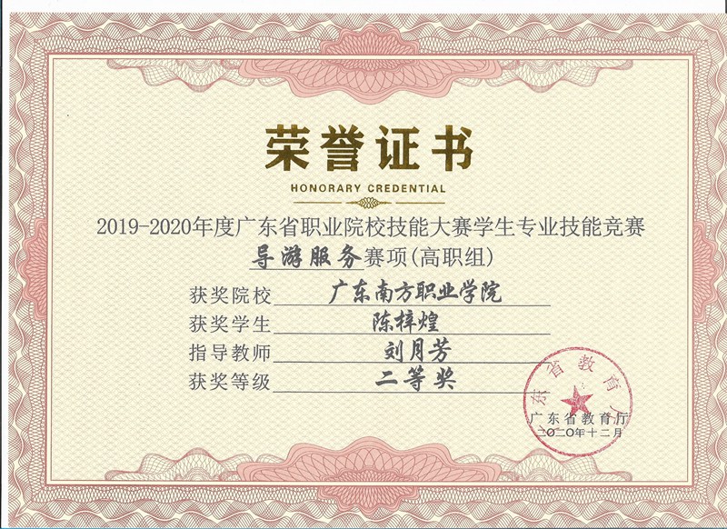 广东省学生技能竞赛导游技能二等奖